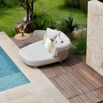 Alma Outdoor Rope Daybed in Beige with Teak Top Side Table