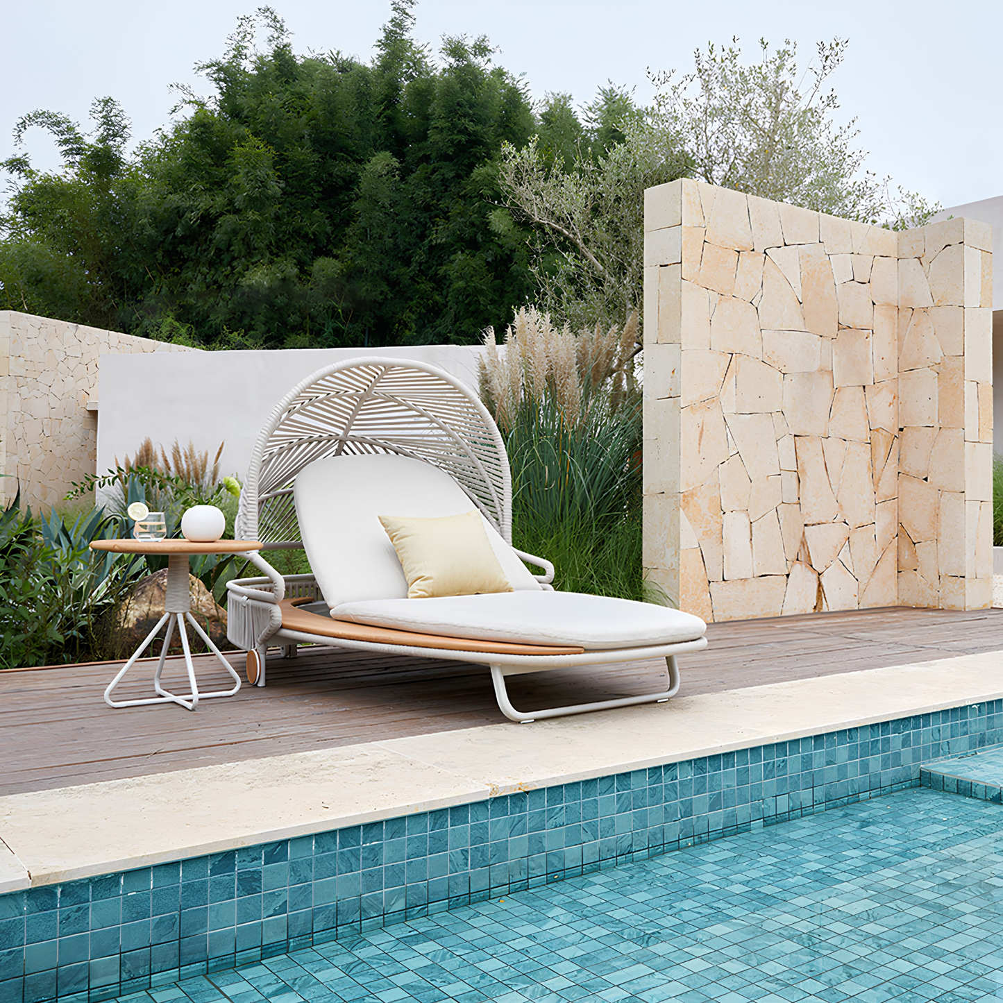 Alma Outdoor Rope Sunlounger in Beige with Teak Top Side Table