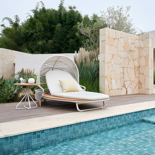 Alma Outdoor Rope Sunlounger in Beige with Teak Top Side Table