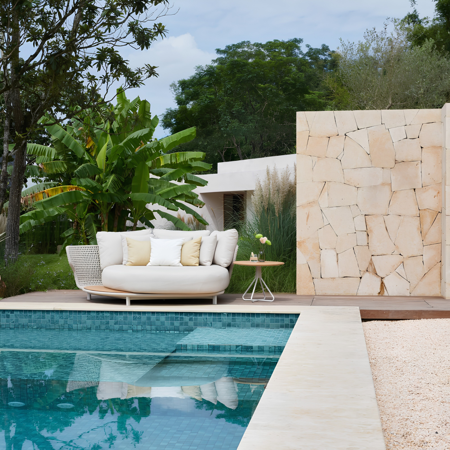 Alma Outdoor Rope Daybed in Beige with Teak Top Side Table