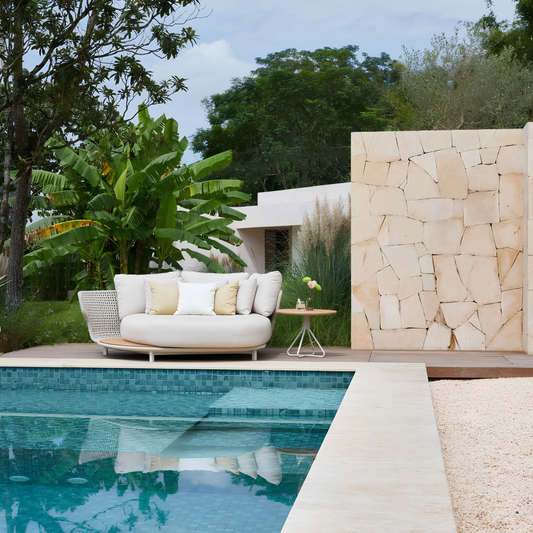 Alma Outdoor Rope Daybed in Beige with Teak Top Side Table