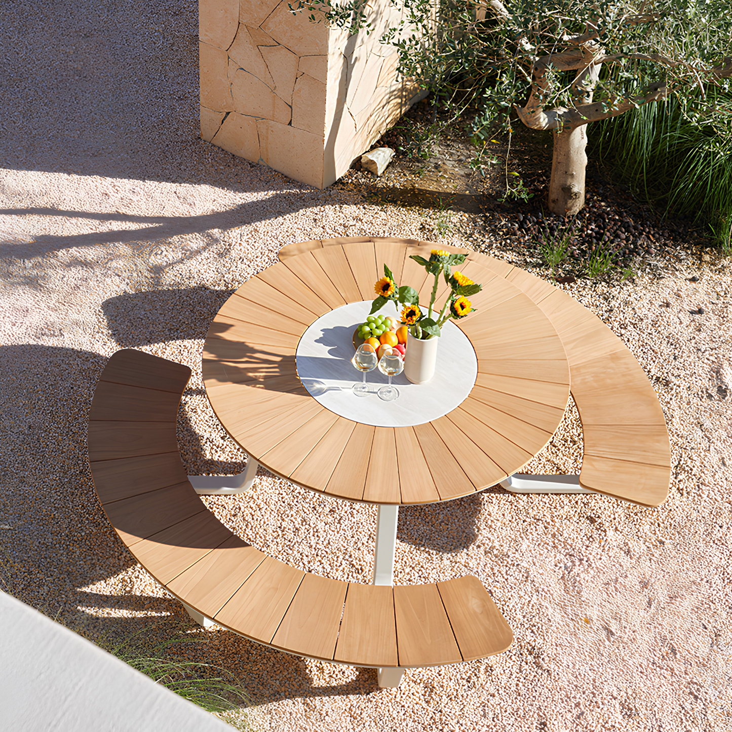 Alma Outdoor Teak Picnic Table 148 cm with Lazy Susan in Beige
