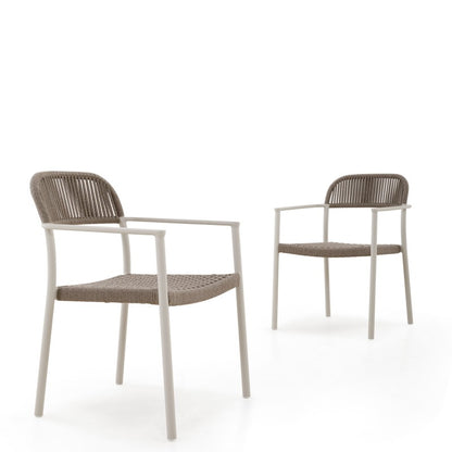 Fano Outdoor Rope Dining Chair with Arm in Beige Frame and Taupe Rope - Half Weaving Back