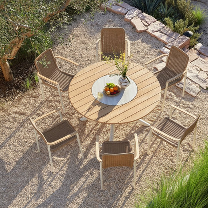 Loop Outdoor Teak Dining Table 148 cm with Ceramic Lasy Susan and 6 Chairs