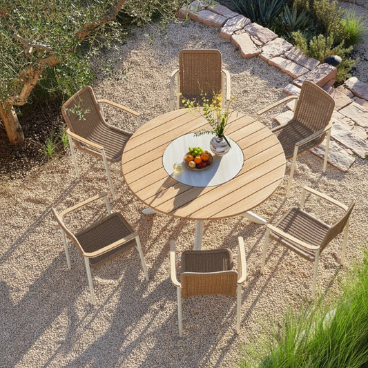 Loop Outdoor Teak Dining Table 148 cm with Ceramic Lasy Susan and 6 Chairs