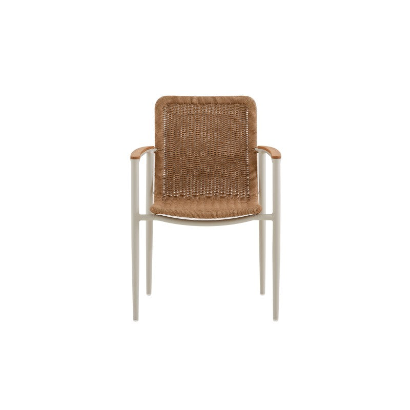 Marine Outdoor Wicker Dining Chair with Teak Arm in Beige Frame and Khaki Wicker