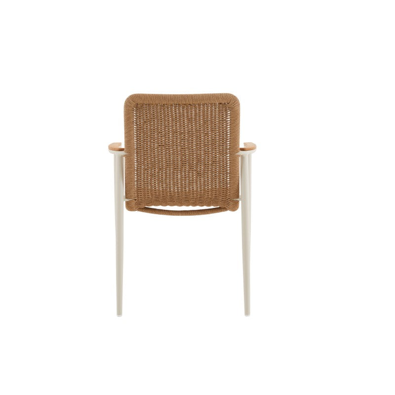 Marine Outdoor Wicker Dining Chair with Teak Arm in Beige Frame and Khaki Wicker