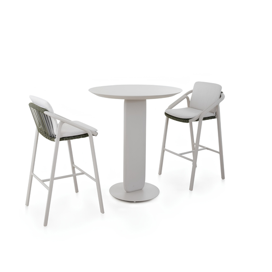 Vento Outdoor Aluminium Bar Table 90 cm with 2 Bar Chairs in Beige Frame and Green Rope
